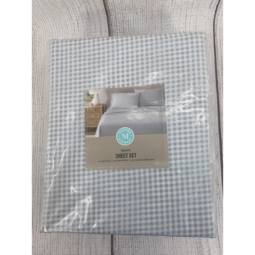 Martha Stewart Sheet Set Queen Gingham Blue 100% Cotton 4pc Checkered Bedding